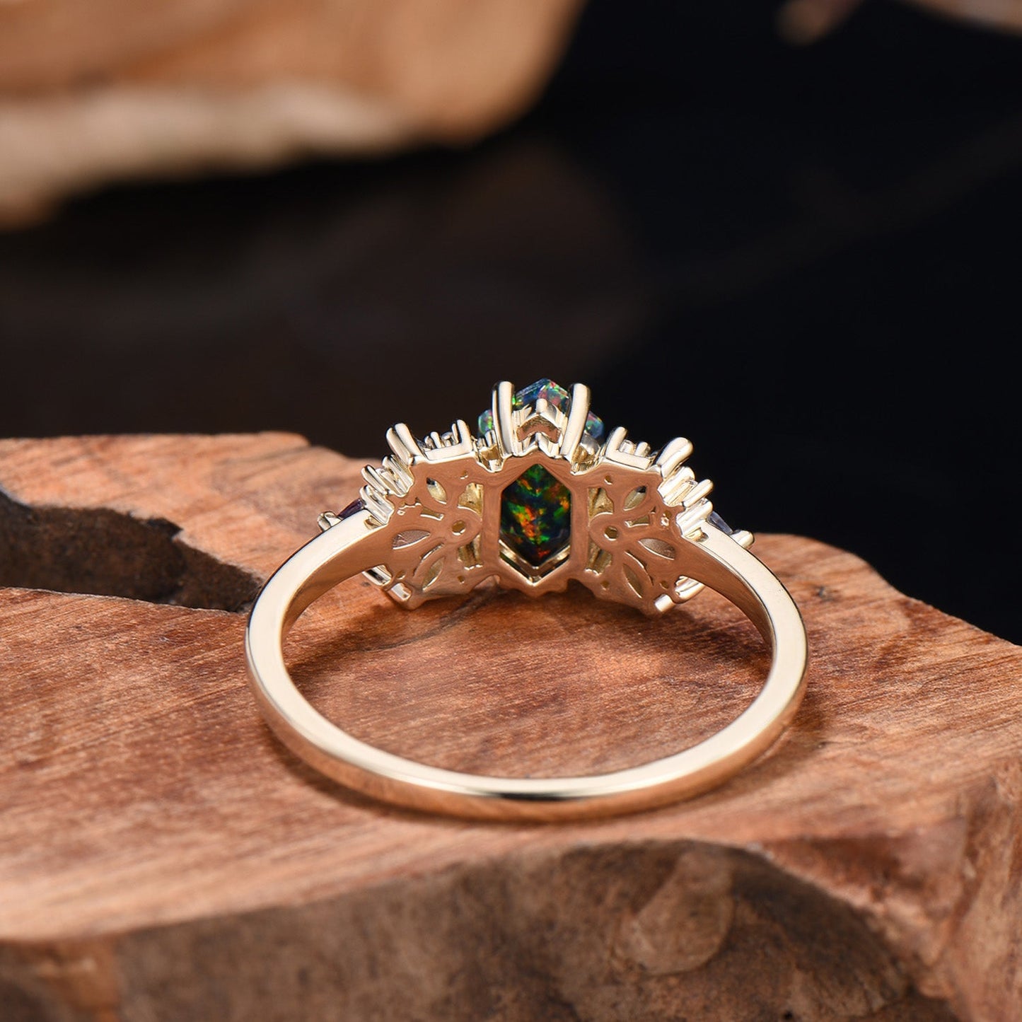 Vintage Black Fire Opal Engagement Ring Unique Marquise Alexandrite Ring Art Deco Birthstone Wedding Ring Anniversary Promise Gift For Women
