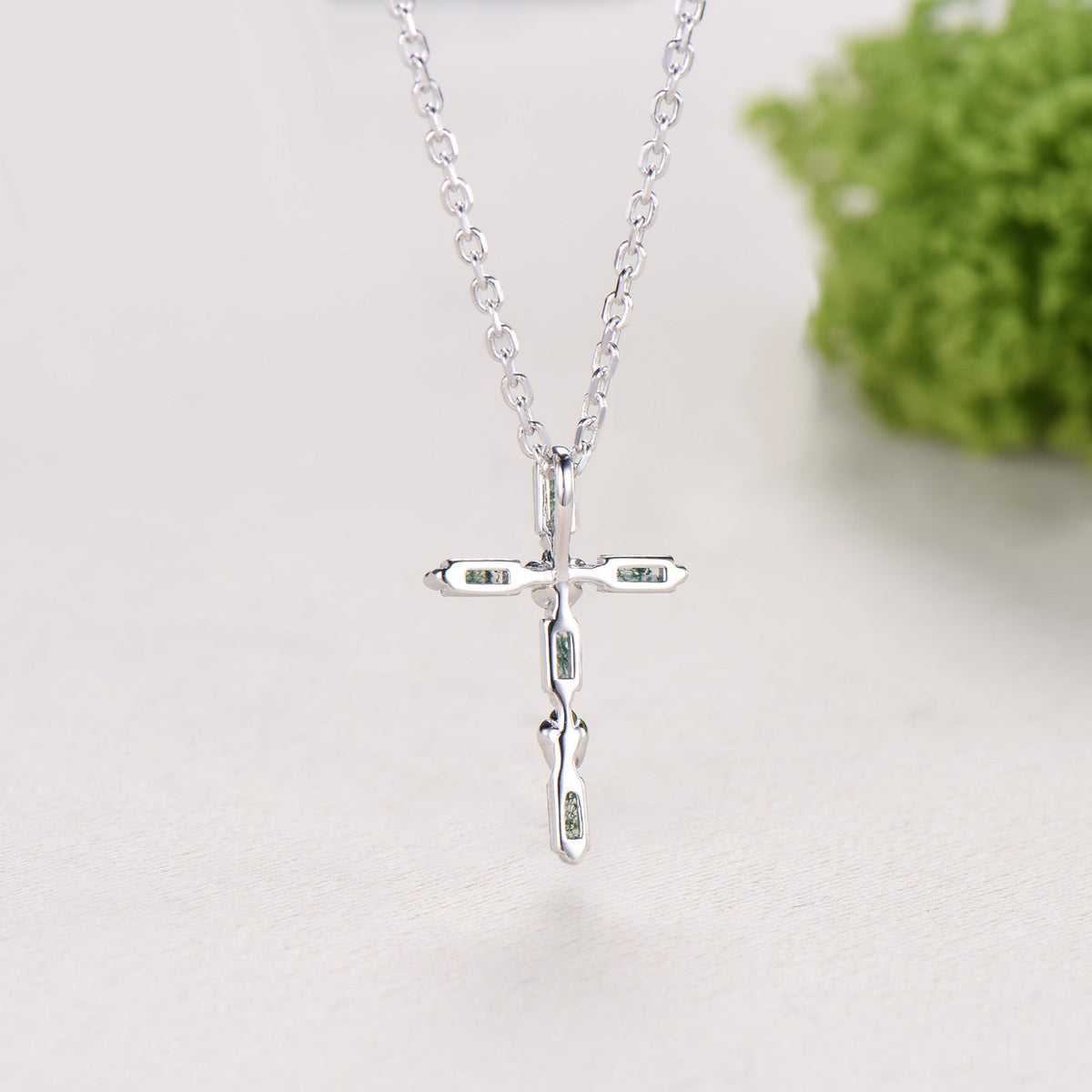 Baguette Cut Moss Agate Cross Necklace, Emerald Flower Pendant