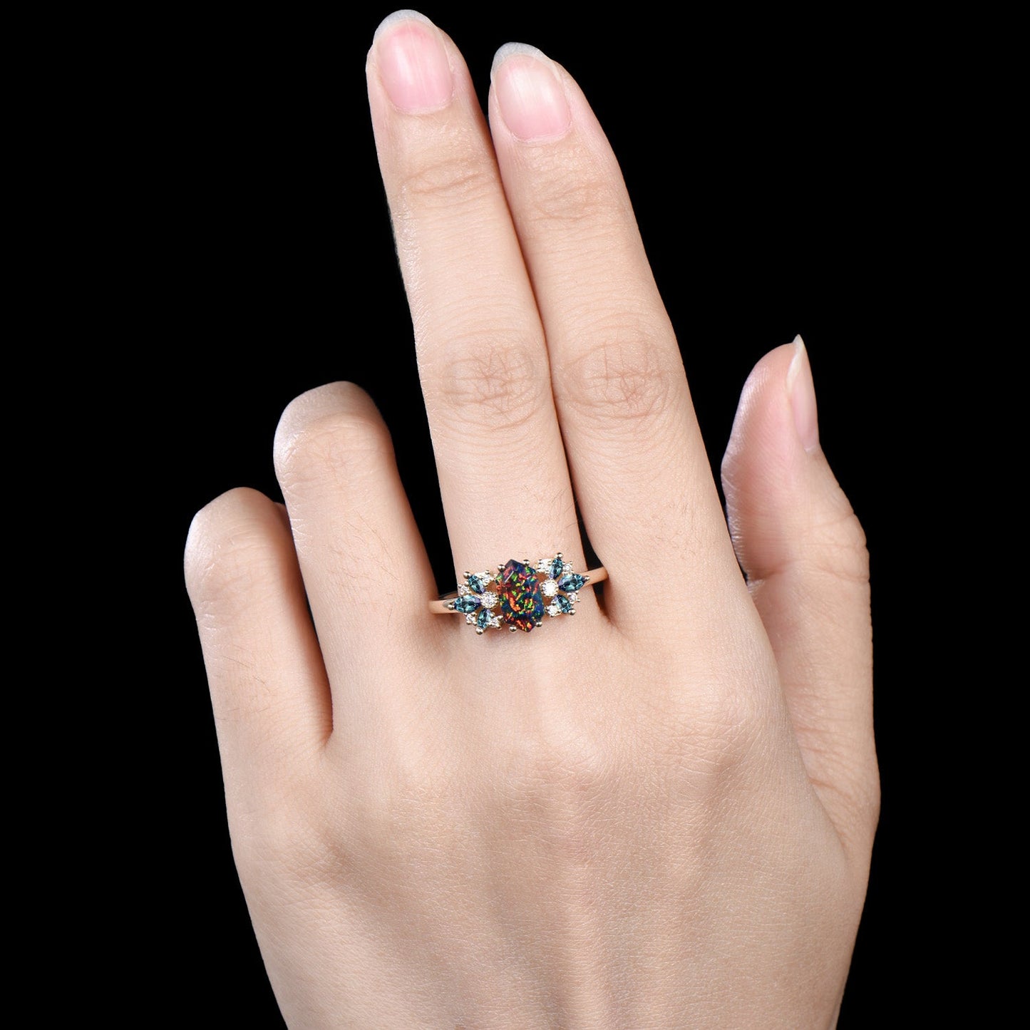 Vintage Black Fire Opal Engagement Ring Unique Marquise Alexandrite Ring Art Deco Birthstone Wedding Ring Anniversary Promise Gift For Women