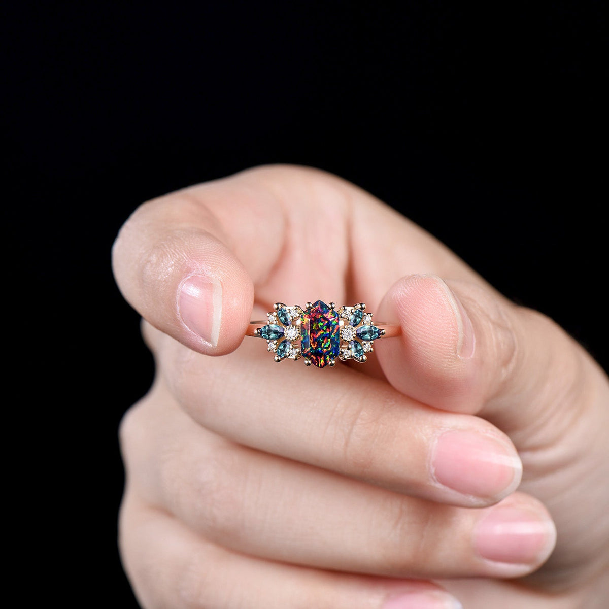 Vintage Black Fire Opal Engagement Ring Unique Marquise Alexandrite Ring Art Deco Birthstone Wedding Ring Anniversary Promise Gift For Women