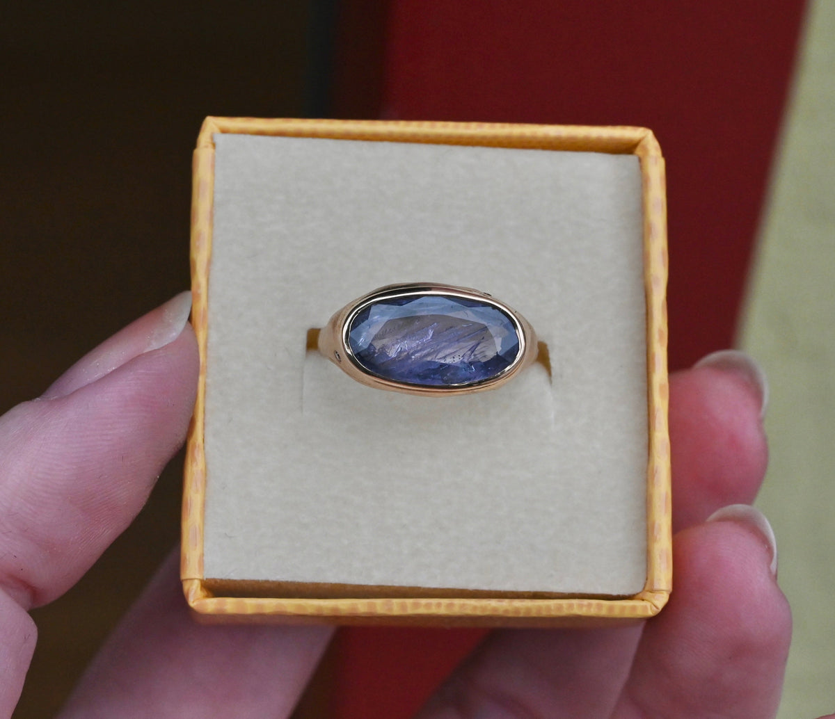 14k Gold Chunky Signet Natural 4.39ct Sapphire & Flush Diamond Ring - Size 6.25 (sizable) - Ready to ship