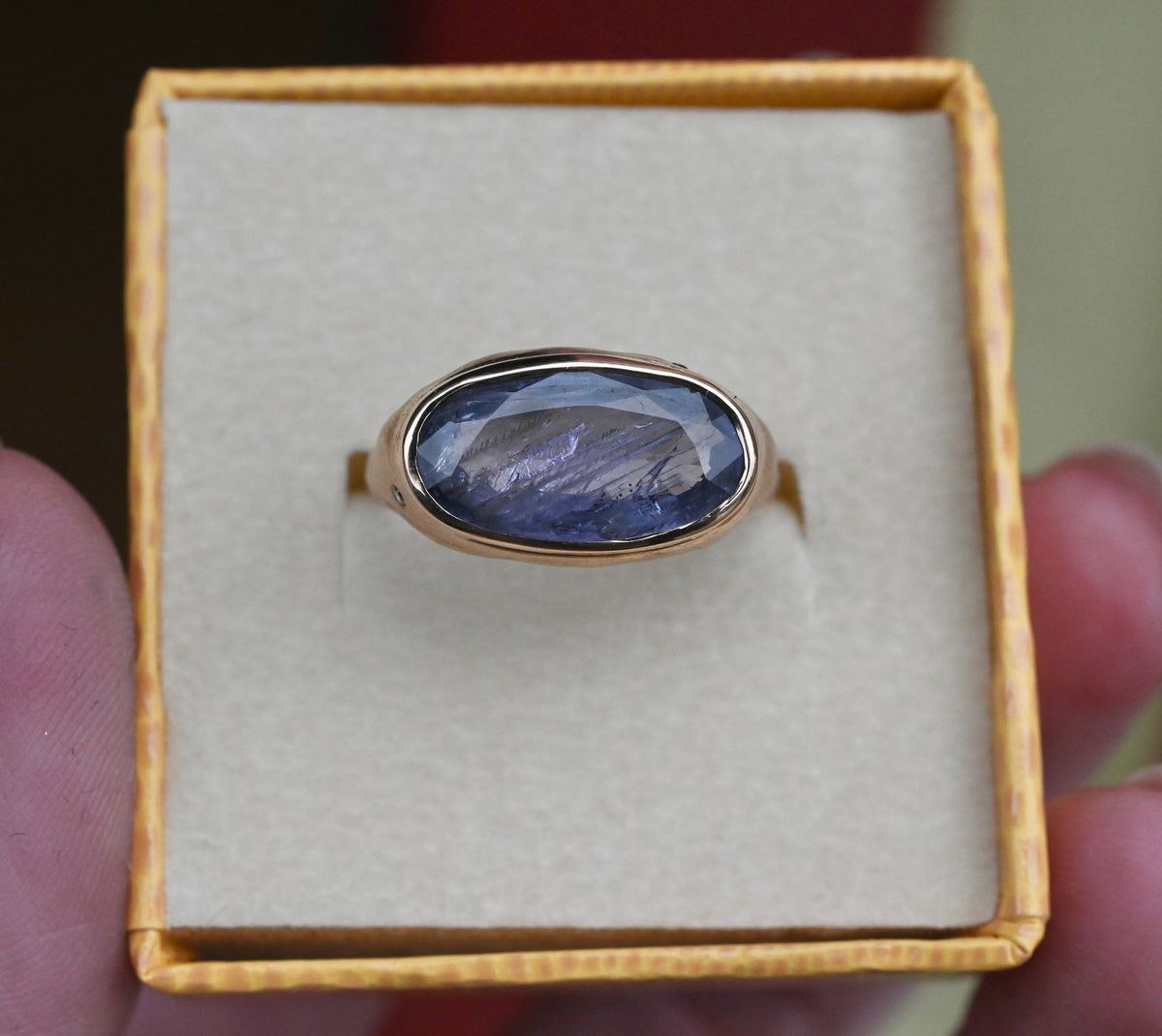 14k Gold Chunky Signet Natural 4.39ct Sapphire & Flush Diamond Ring - Size 6.25 (sizable) - Ready to ship