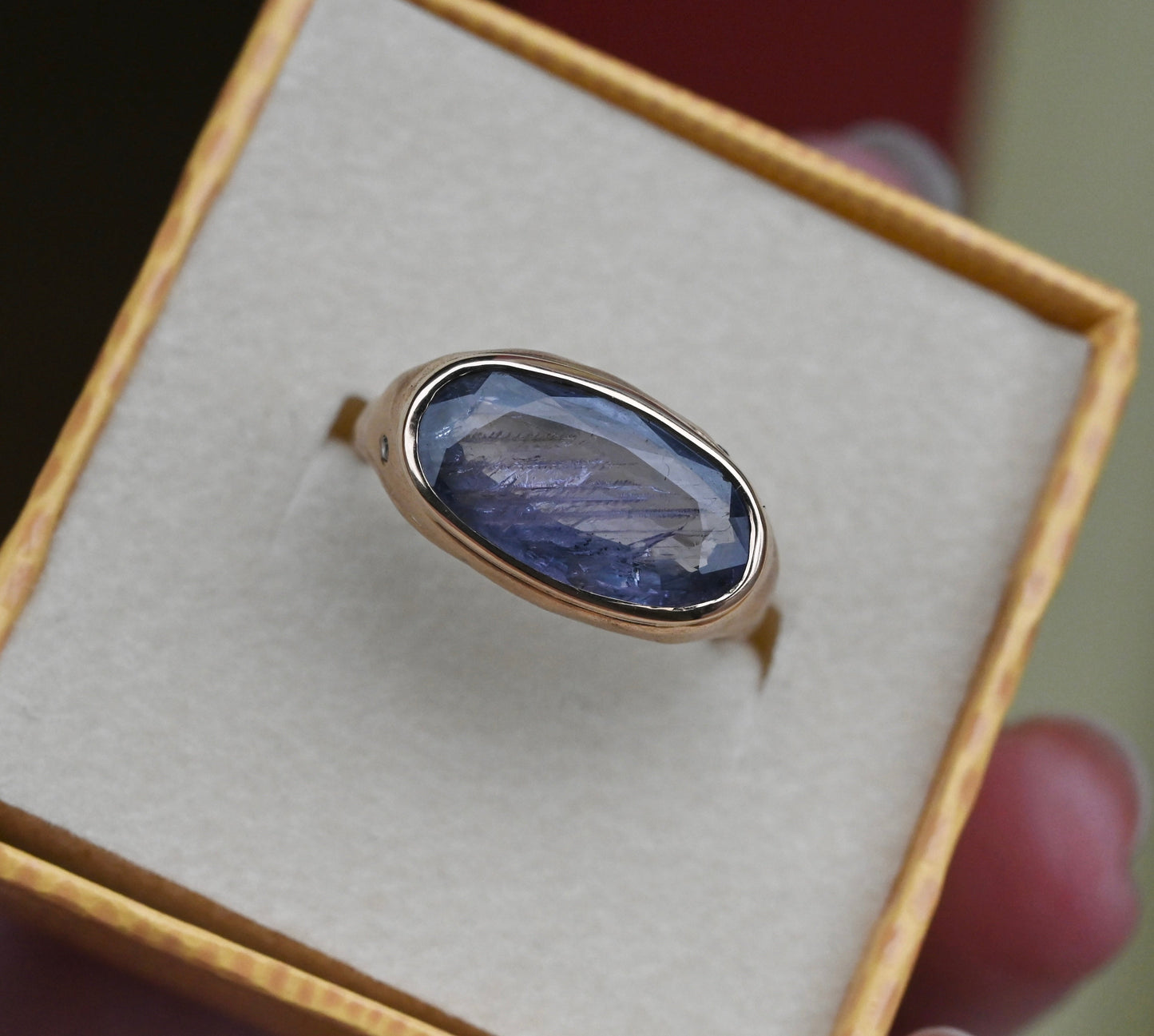14k Gold Chunky Signet Natural 4.39ct Sapphire & Flush Diamond Ring - Size 6.25 (sizable) - Ready to ship