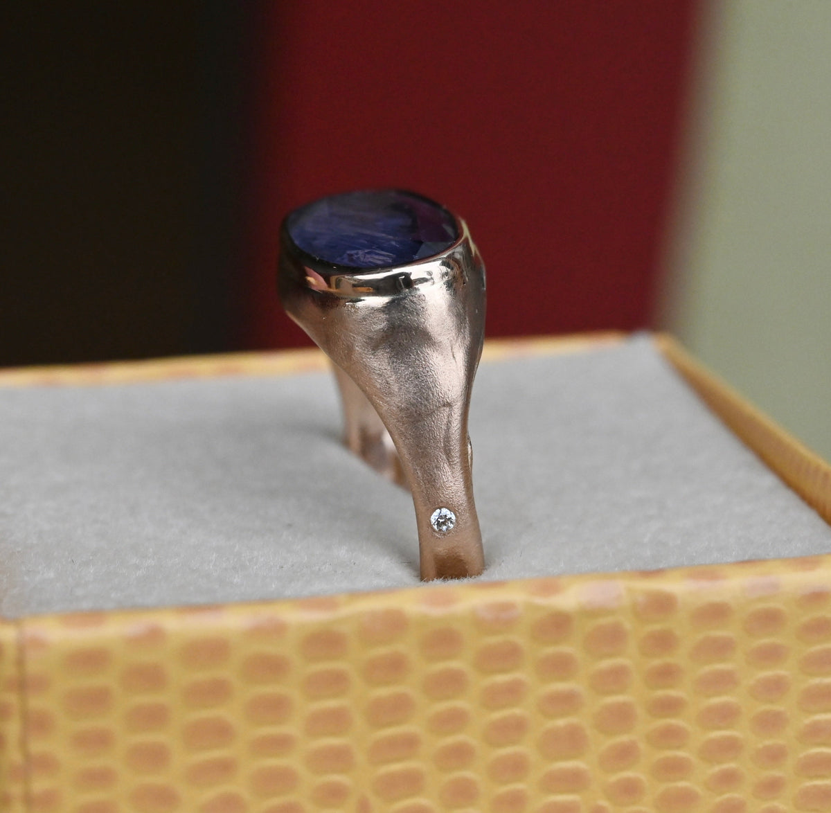 14k Gold Chunky Signet Natural 4.39ct Sapphire & Flush Diamond Ring - Size 6.25 (sizable) - Ready to ship