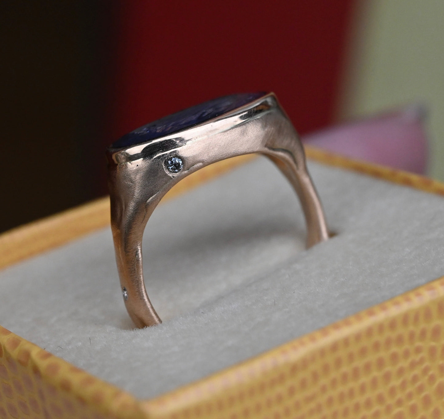 14k Gold Chunky Signet Natural 4.39ct Sapphire & Flush Diamond Ring - Size 6.25 (sizable) - Ready to ship