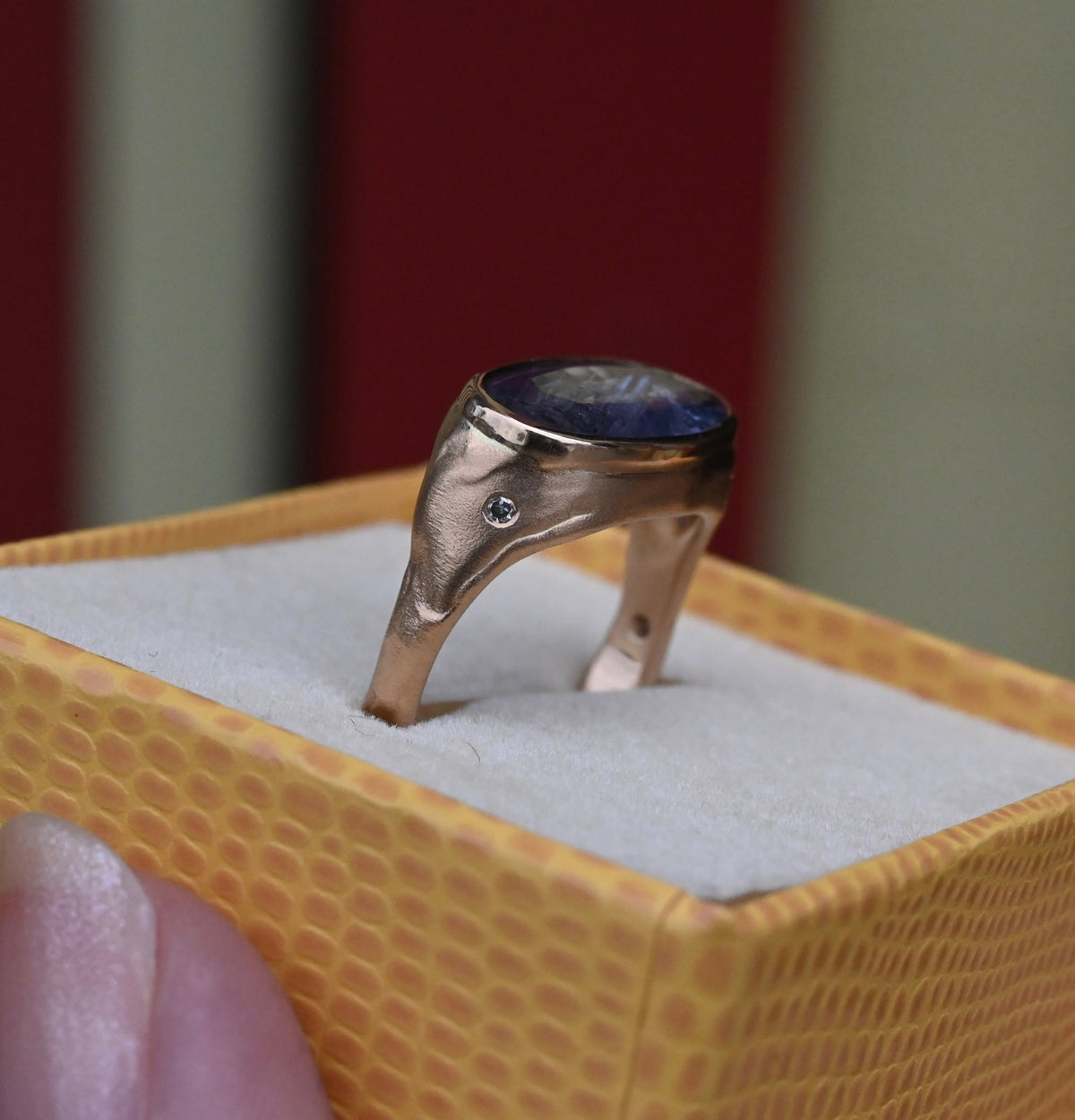 14k Gold Chunky Signet Natural 4.39ct Sapphire & Flush Diamond Ring - Size 6.25 (sizable) - Ready to ship
