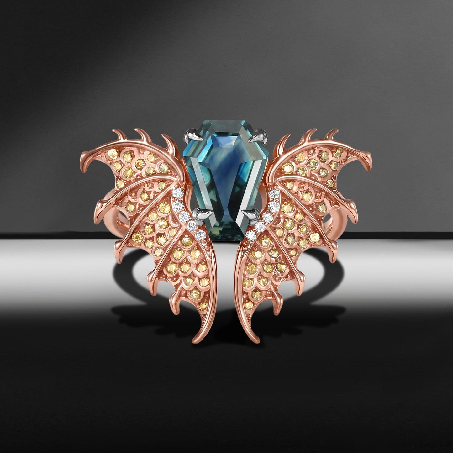 'Dragon' – Gothic One-of-a-Kind Coffin Cut Natural Teal Sapphire Engagement Ring with Diamond Accents