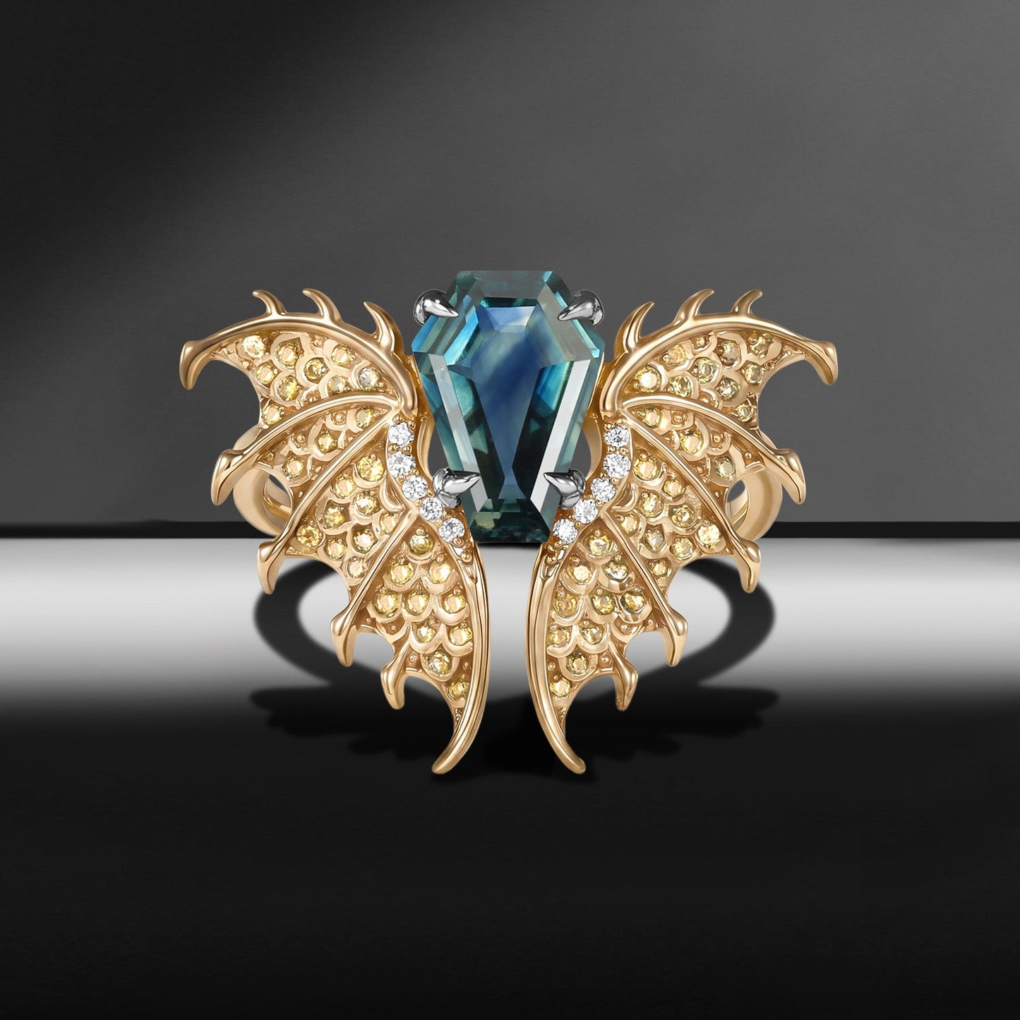 'Dragon' – Gothic One-of-a-Kind Coffin Cut Natural Teal Sapphire Engagement Ring with Diamond Accents