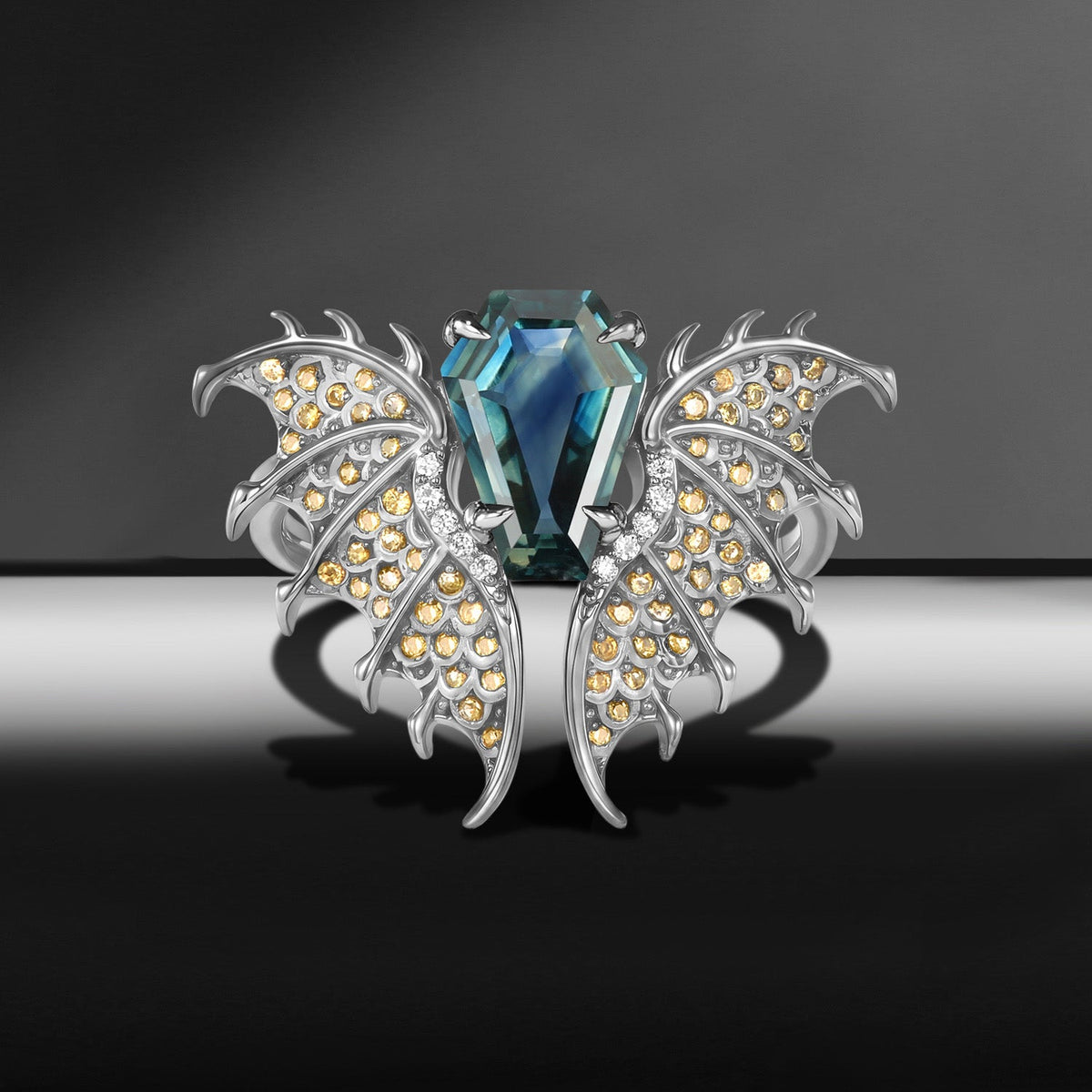 'Dragon' – Gothic One-of-a-Kind Coffin Cut Natural Teal Sapphire Engagement Ring with Diamond Accents