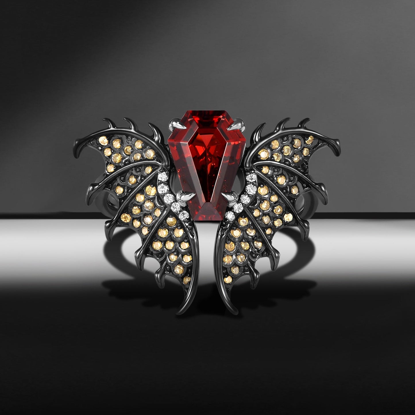 Gothic Dragon Inspired Coffin Garnet Non-Traditional Loong Black Gold Engagement Ring - Dragon Ring