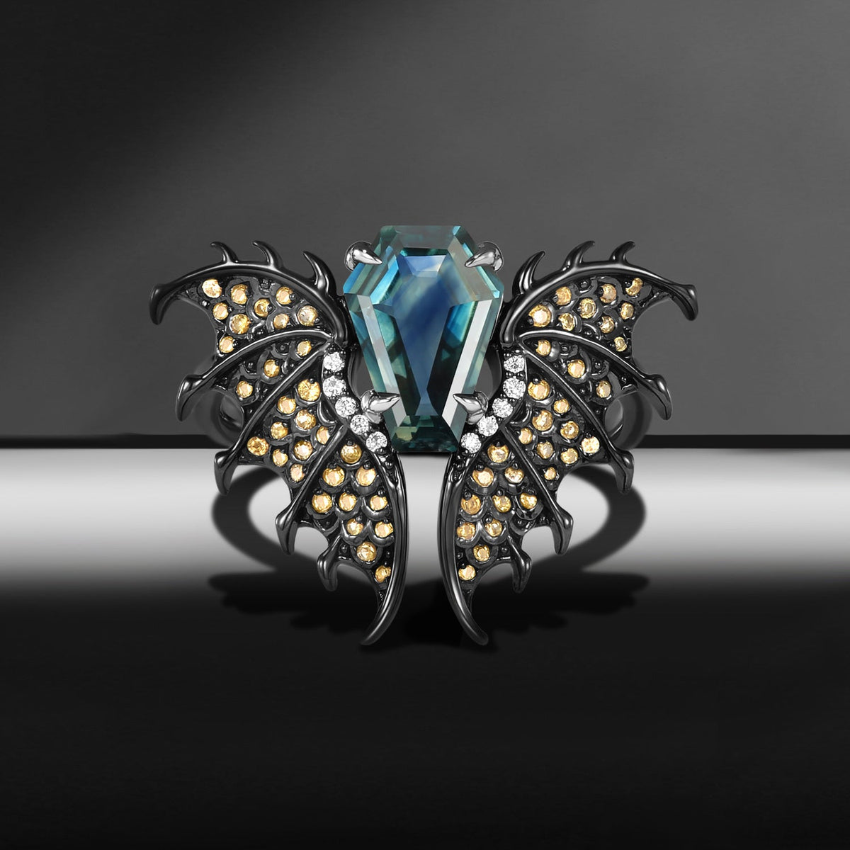 'Dragon' – Gothic One-of-a-Kind Coffin Cut Natural Teal Sapphire Engagement Ring with Diamond Accents