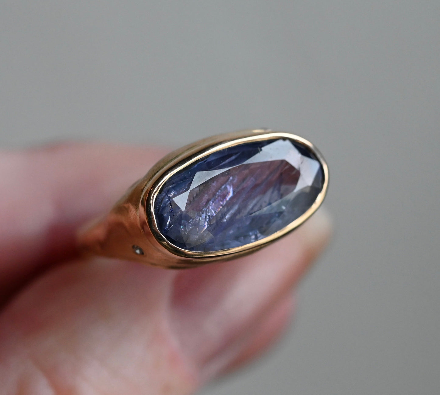 14k Gold Chunky Signet Natural 4.39ct Sapphire & Flush Diamond Ring - Size 6.25 (sizable) - Ready to ship