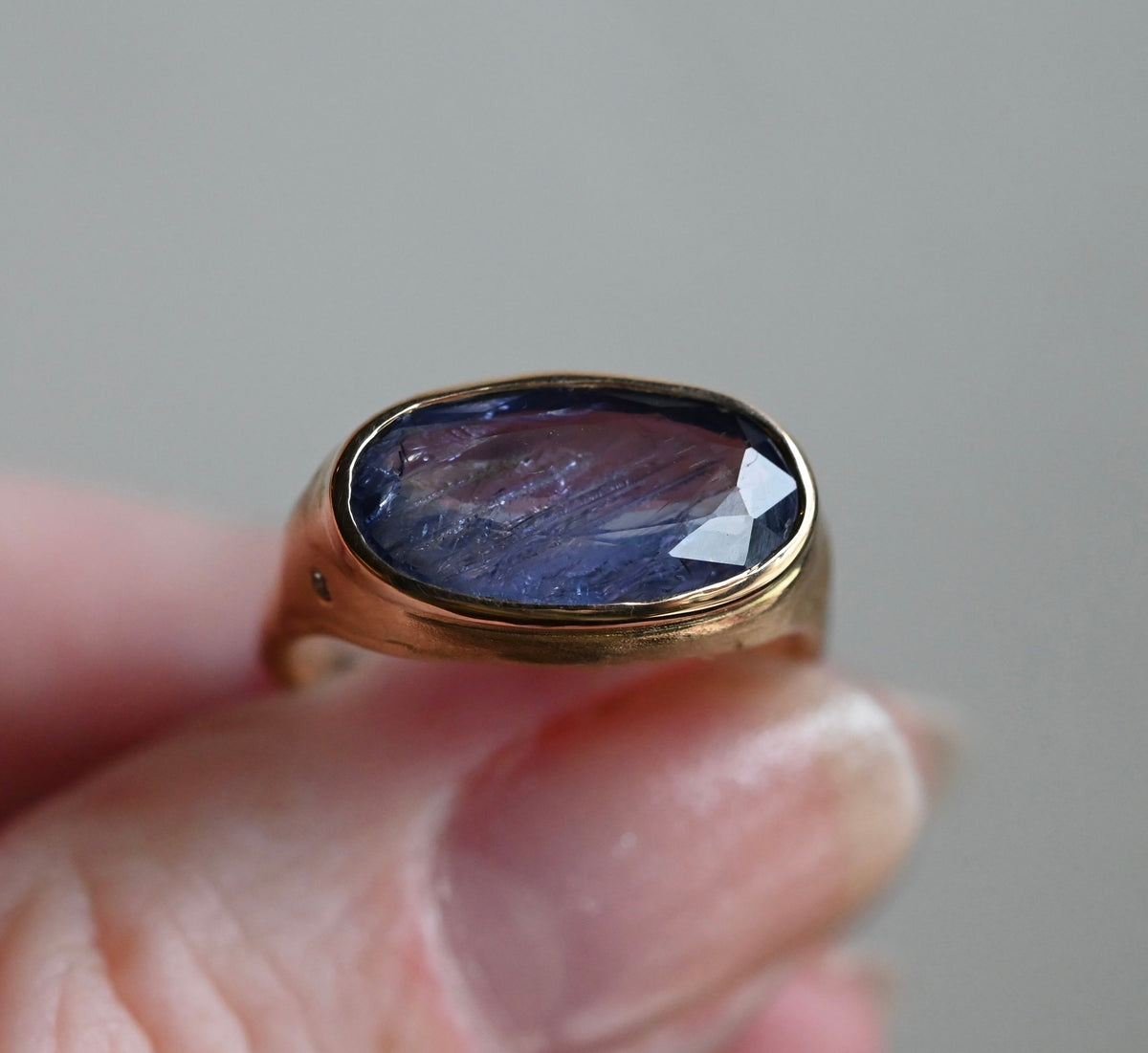 14k Gold Chunky Signet Natural 4.39ct Sapphire & Flush Diamond Ring - Size 6.25 (sizable) - Ready to ship
