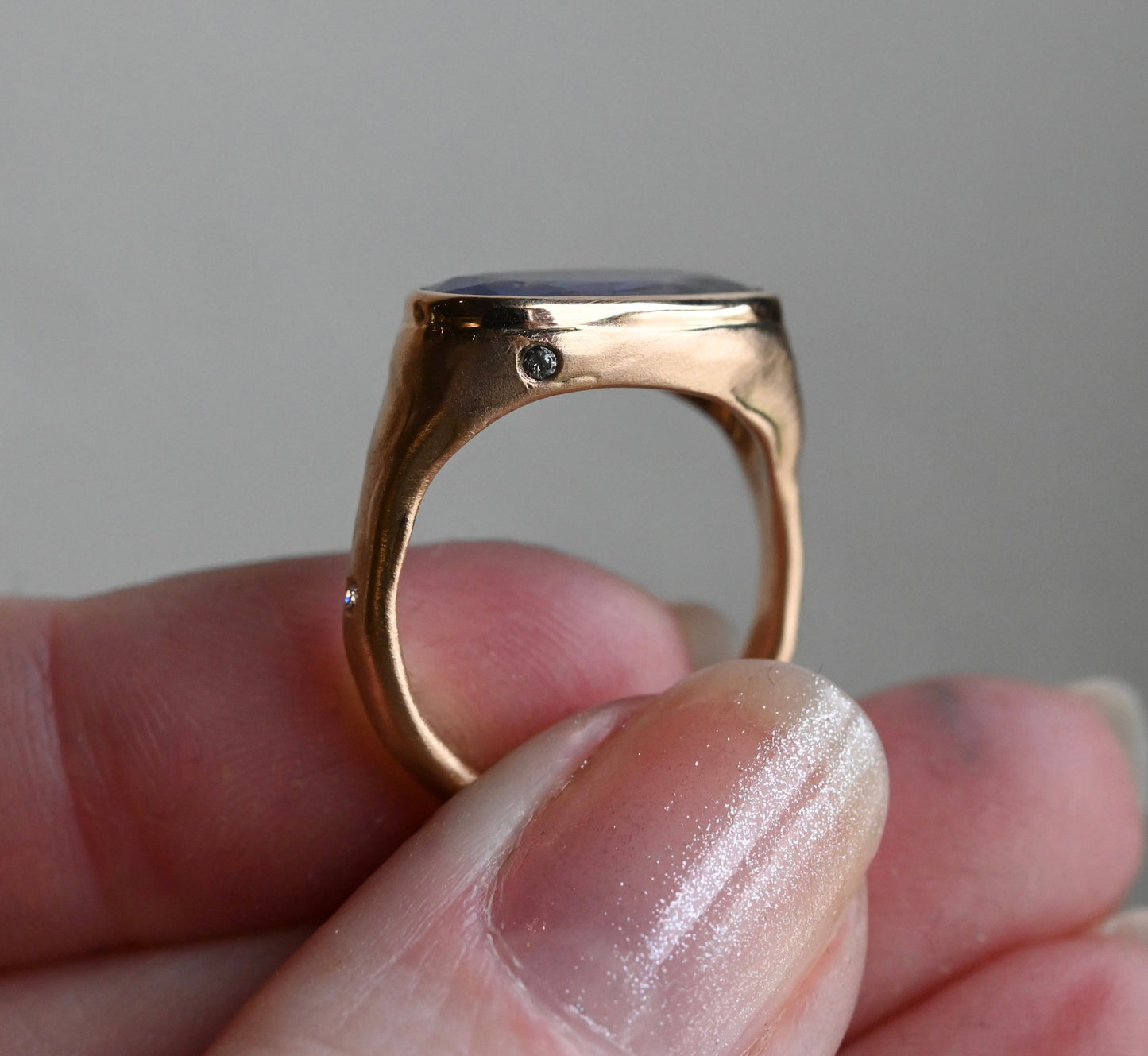 14k Gold Chunky Signet Natural 4.39ct Sapphire & Flush Diamond Ring - Size 6.25 (sizable) - Ready to ship