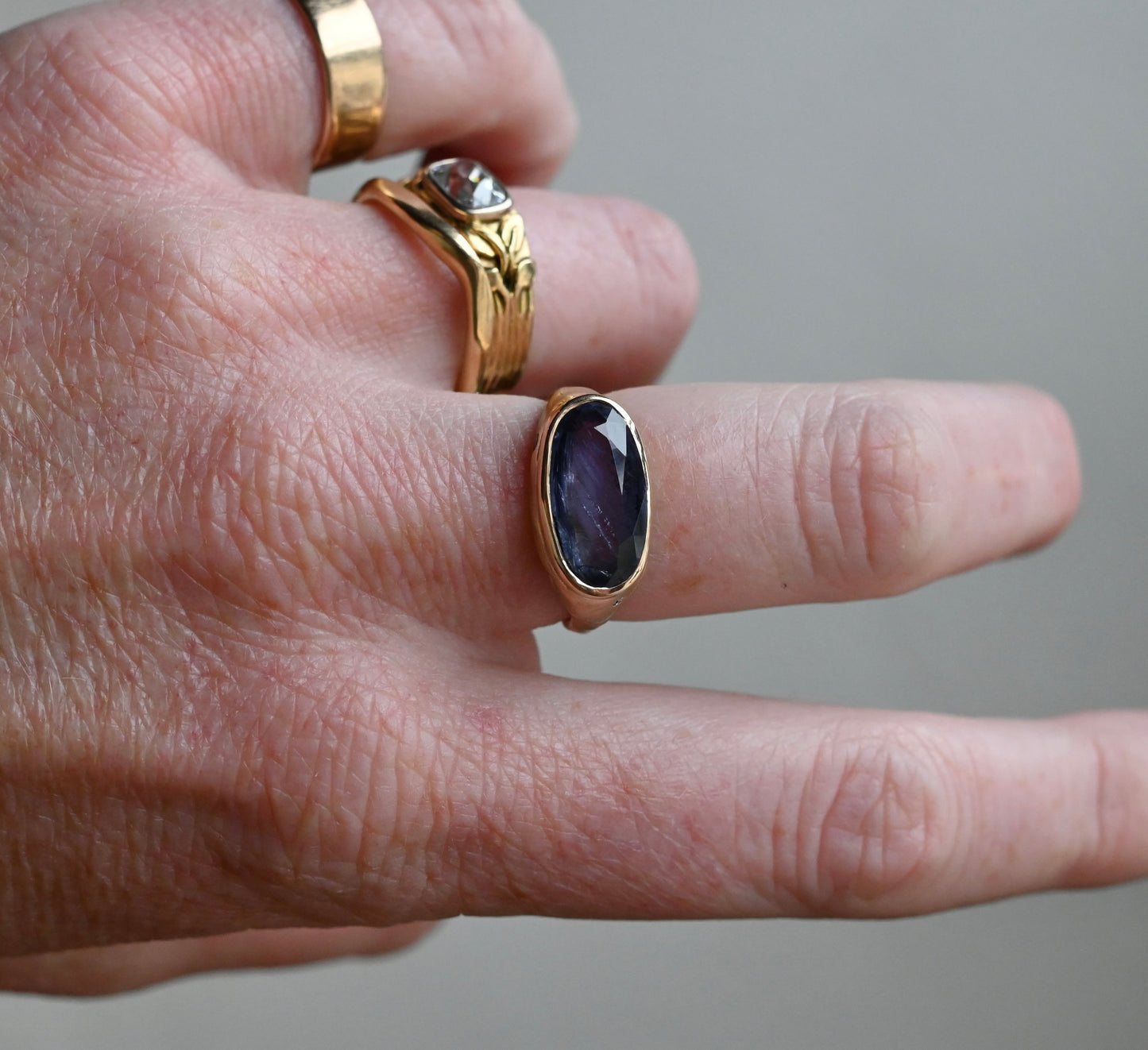 14k Gold Chunky Signet Natural 4.39ct Sapphire & Flush Diamond Ring - Size 6.25 (sizable) - Ready to ship