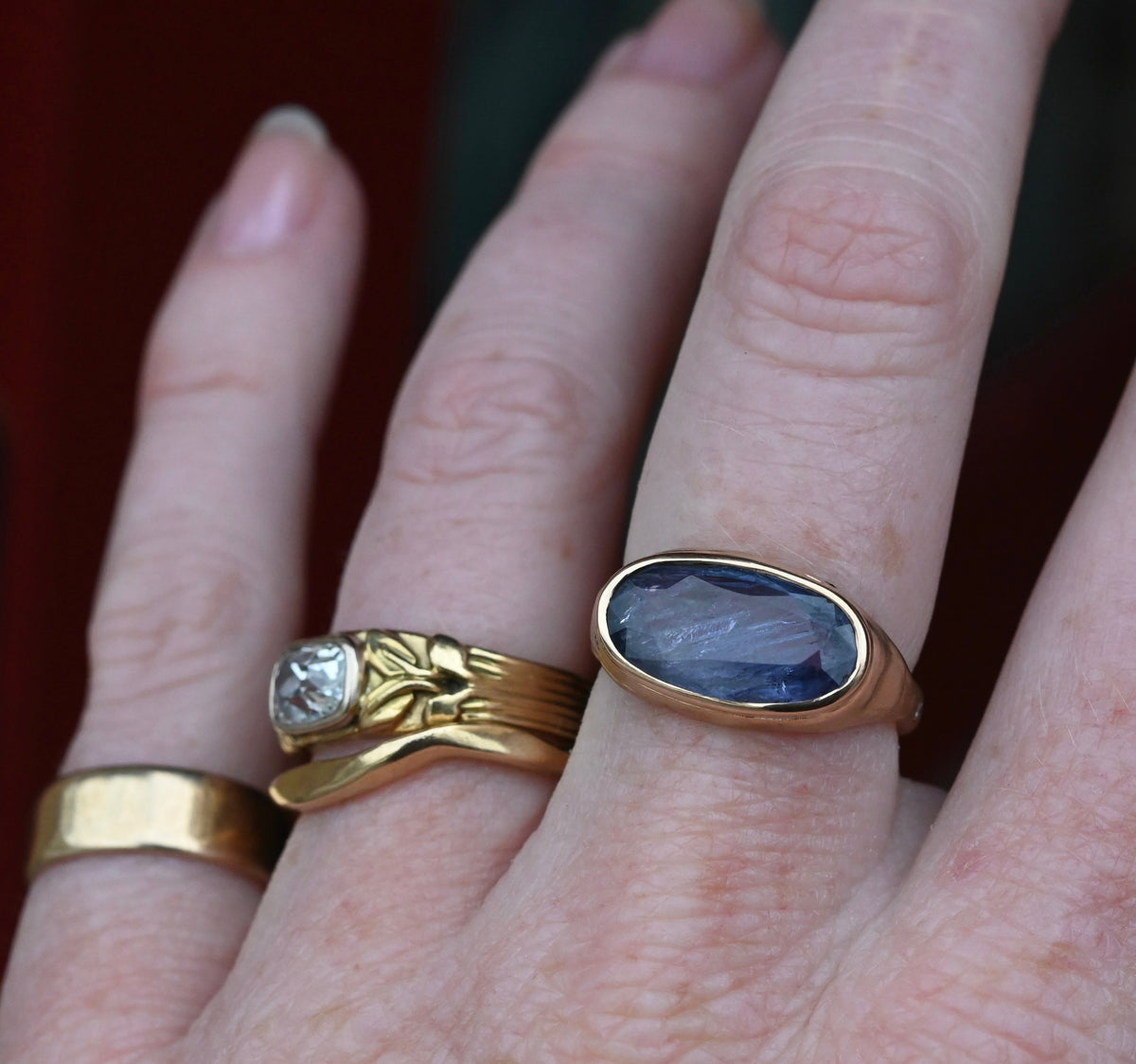 14k Gold Chunky Signet Natural 4.39ct Sapphire & Flush Diamond Ring - Size 6.25 (sizable) - Ready to ship