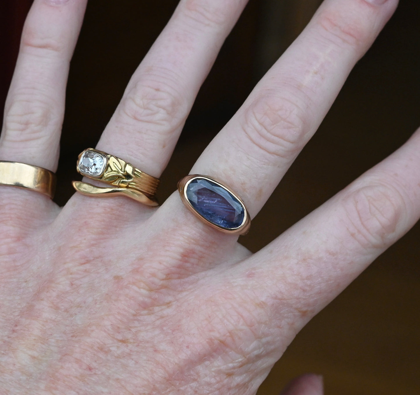 14k Gold Chunky Signet Natural 4.39ct Sapphire & Flush Diamond Ring - Size 6.25 (sizable) - Ready to ship