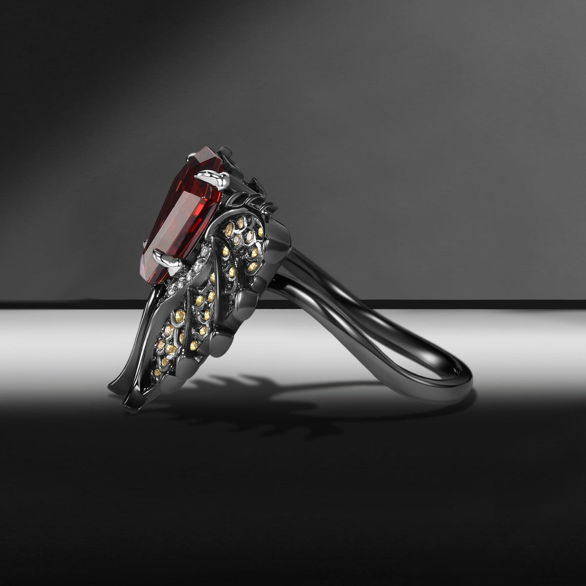 Gothic Dragon Inspired Coffin Garnet Non-Traditional Loong Black Gold Engagement Ring - Dragon Ring