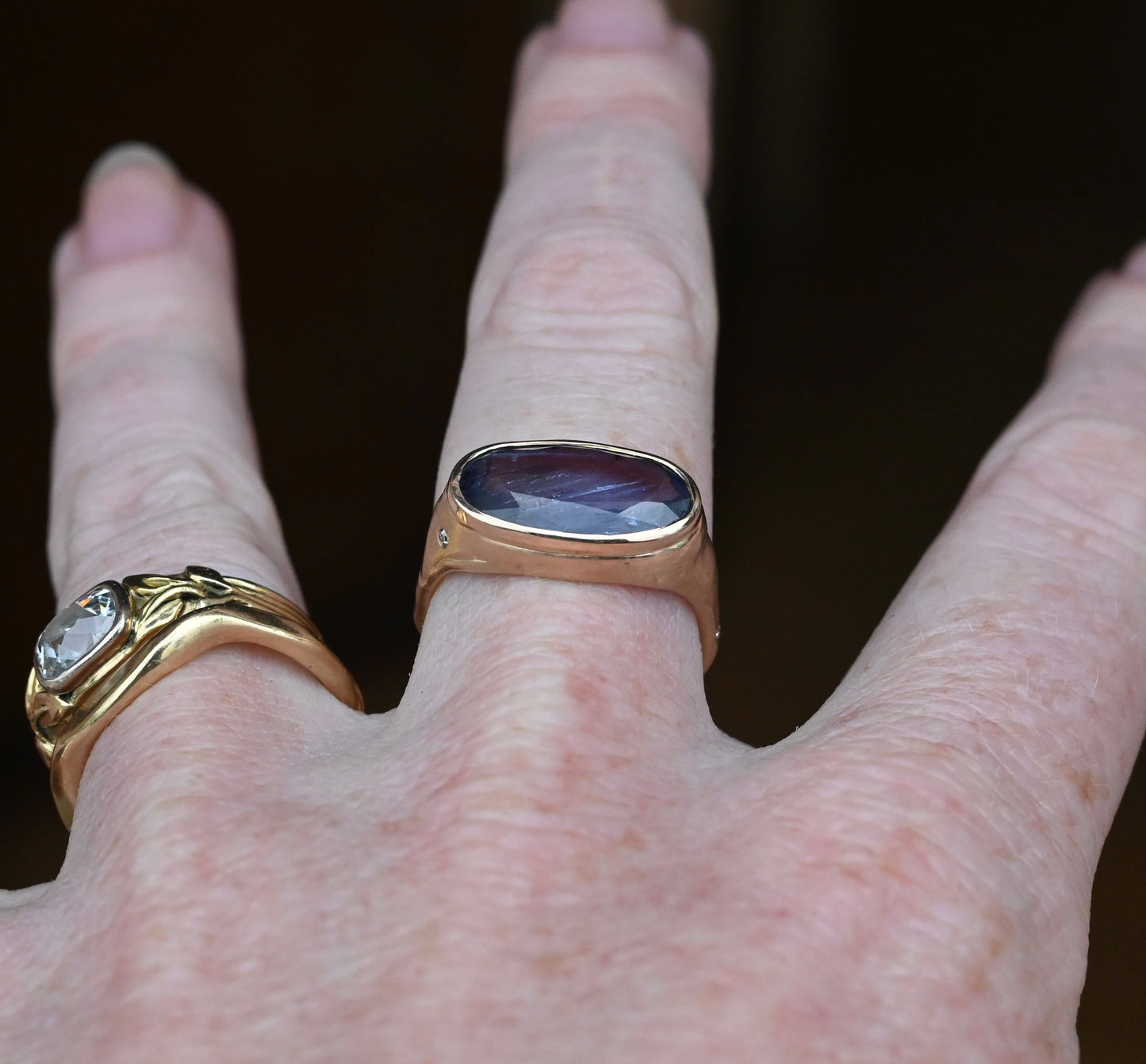 14k Gold Chunky Signet Natural 4.39ct Sapphire & Flush Diamond Ring - Size 6.25 (sizable) - Ready to ship
