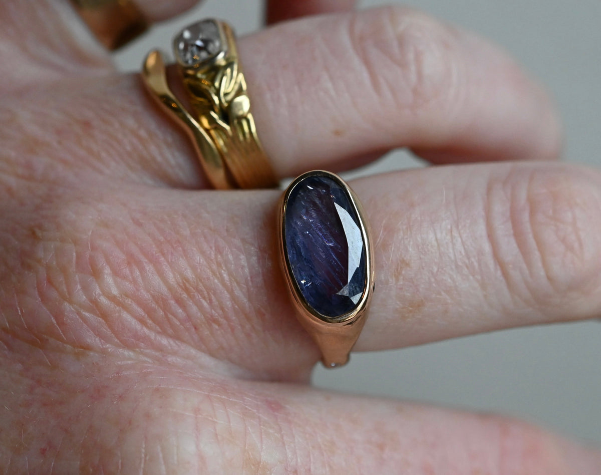 14k Gold Chunky Signet Natural 4.39ct Sapphire & Flush Diamond Ring - Size 6.25 (sizable) - Ready to ship