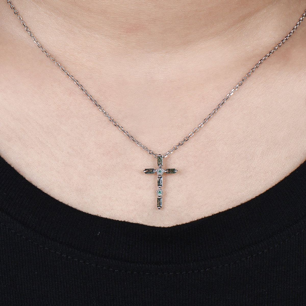 Baguette Cut Moss Agate Cross Necklace, Emerald Flower Pendant