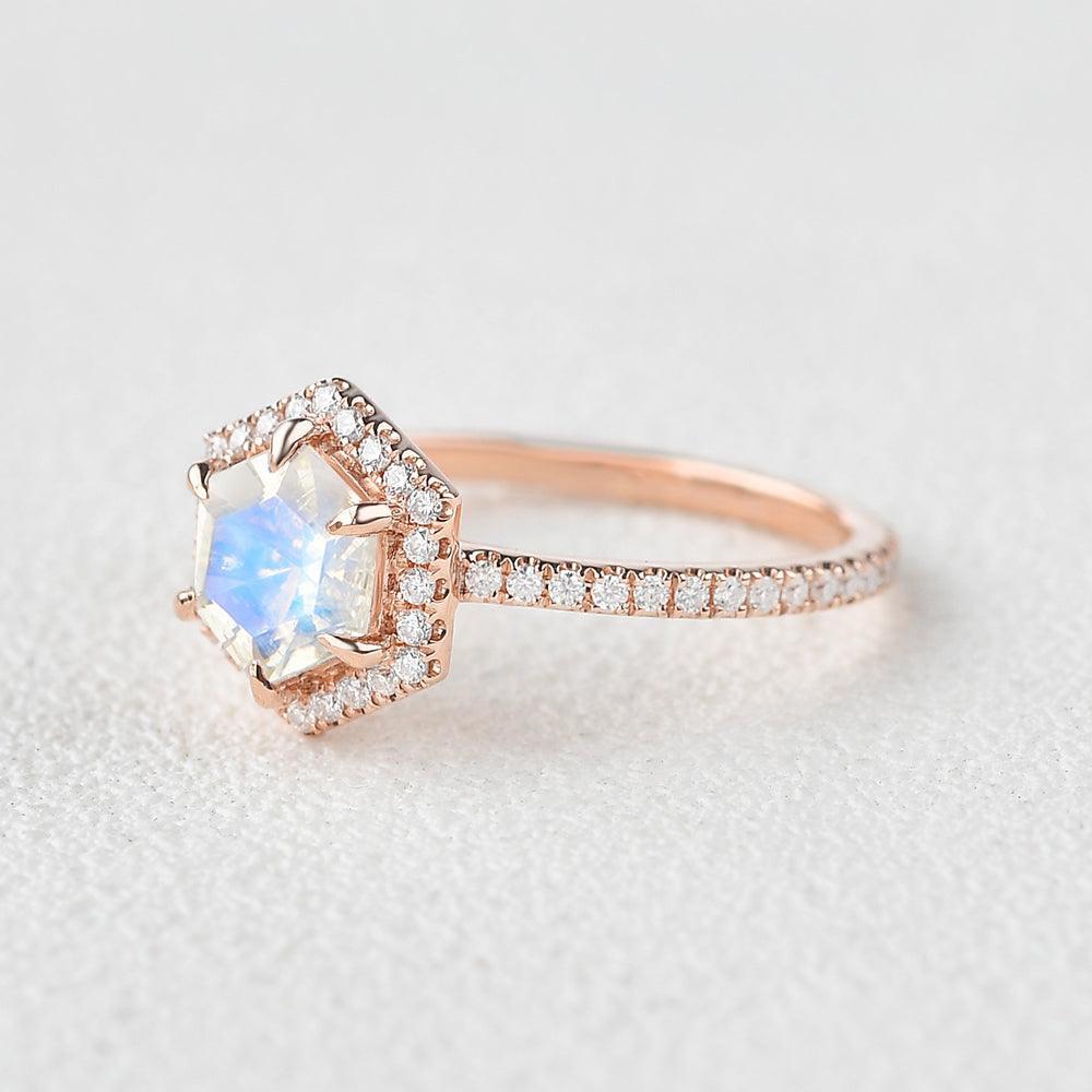 Luna’s Reverie | Vintage Hexagon Moonstone & Moissanite Halo Engagement Ring