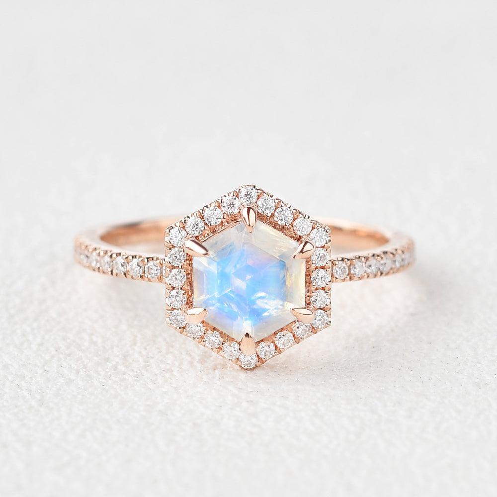 Luna’s Reverie | Vintage Hexagon Moonstone & Moissanite Halo Engagement Ring