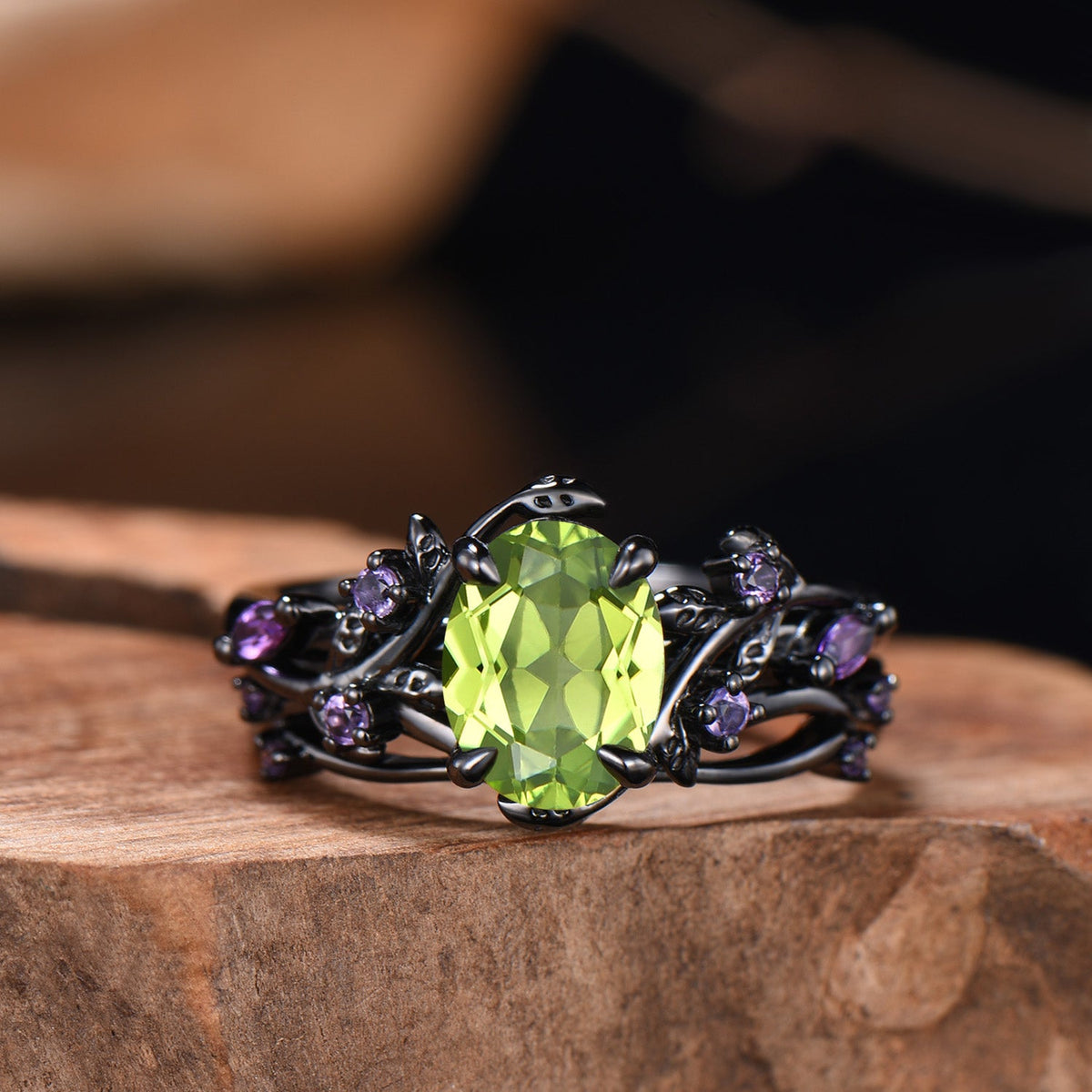 Unique Black Gold Oval Peridot Engagement Ring Set Nature Inspired Twig Amethyst Wedding Band branch August birthstone bridal set