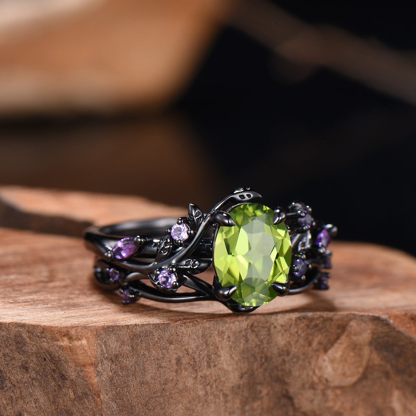Unique Black Gold Oval Peridot Engagement Ring Set Nature Inspired Twig Amethyst Wedding Band branch August birthstone bridal set