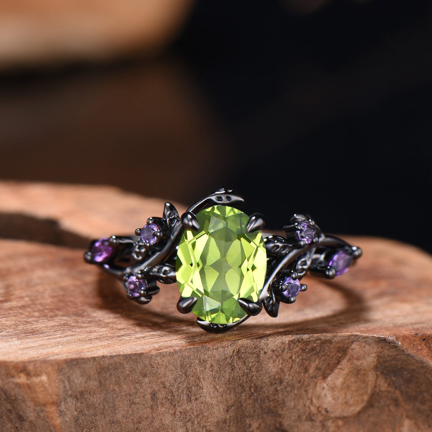 Unique Black Gold Oval Peridot Engagement Ring Set Nature Inspired Twig Amethyst Wedding Band branch August birthstone bridal set