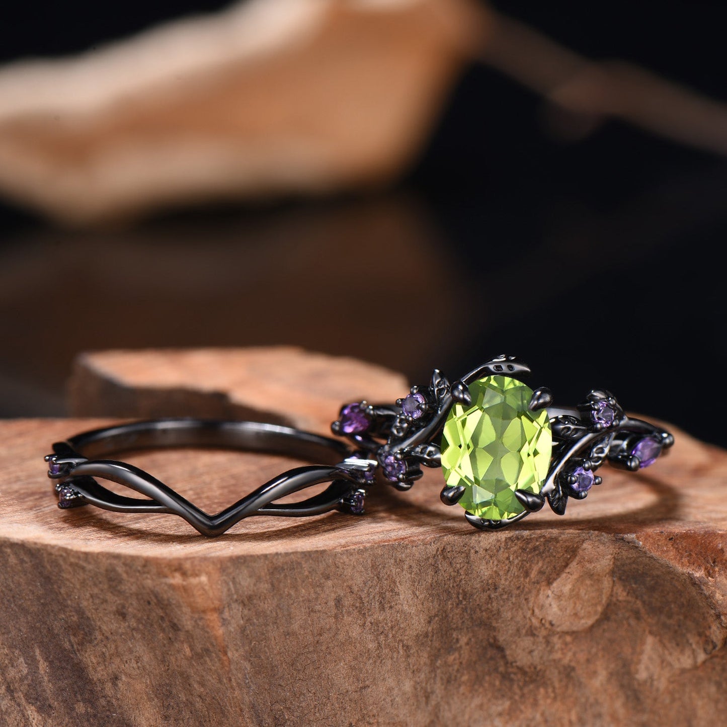 Unique Black Gold Oval Peridot Engagement Ring Set Nature Inspired Twig Amethyst Wedding Band branch August birthstone bridal set