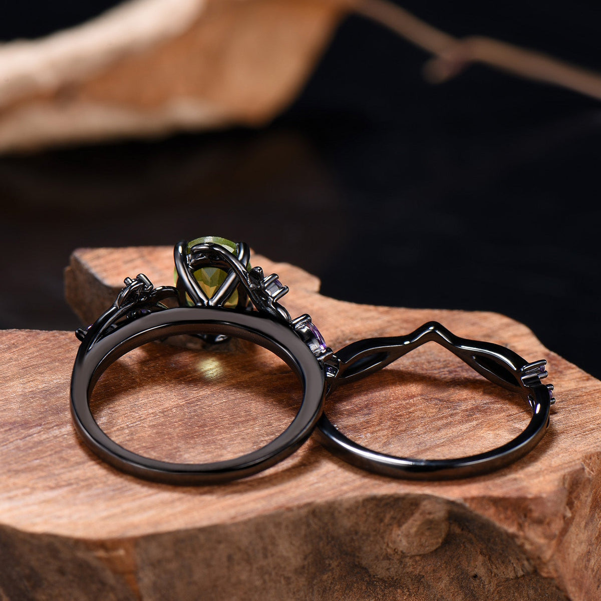 Unique Black Gold Oval Peridot Engagement Ring Set Nature Inspired Twig Amethyst Wedding Band branch August birthstone bridal set