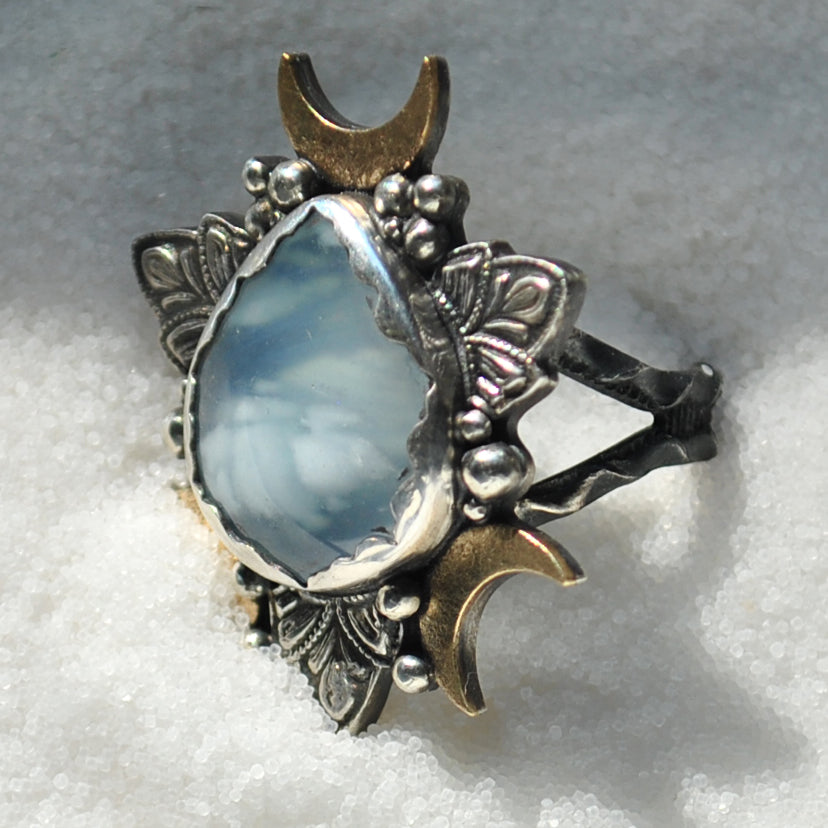 Size 7.5, Cloud Diviner Ring, Aquamarine, Sterling and Fine Silver and Brass