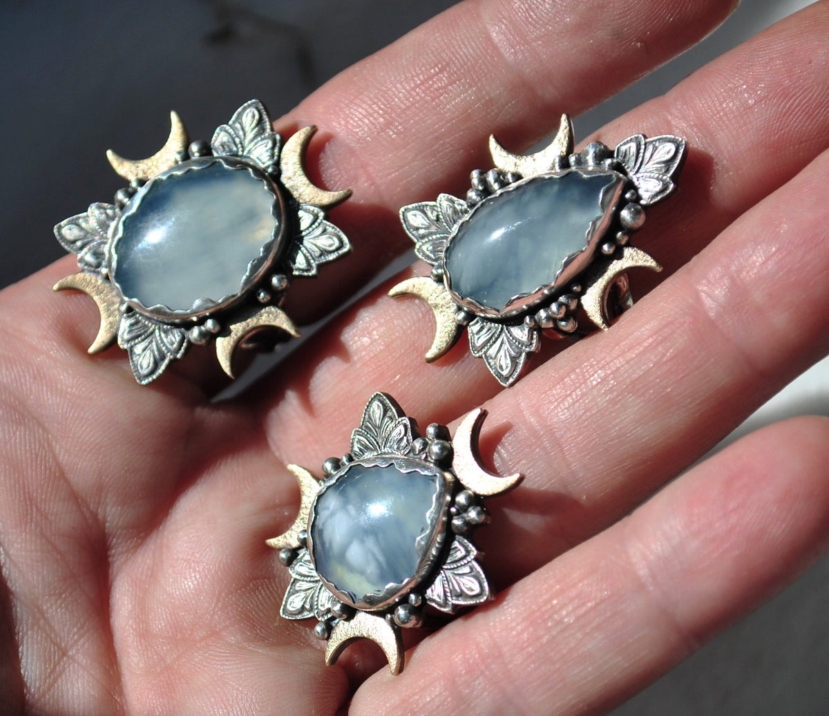 Size 7.5, Cloud Diviner Ring, Aquamarine, Sterling and Fine Silver and Brass