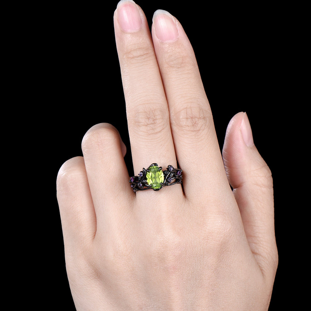 Unique Black Gold Oval Peridot Engagement Ring Set Nature Inspired Twig Amethyst Wedding Band branch August birthstone bridal set