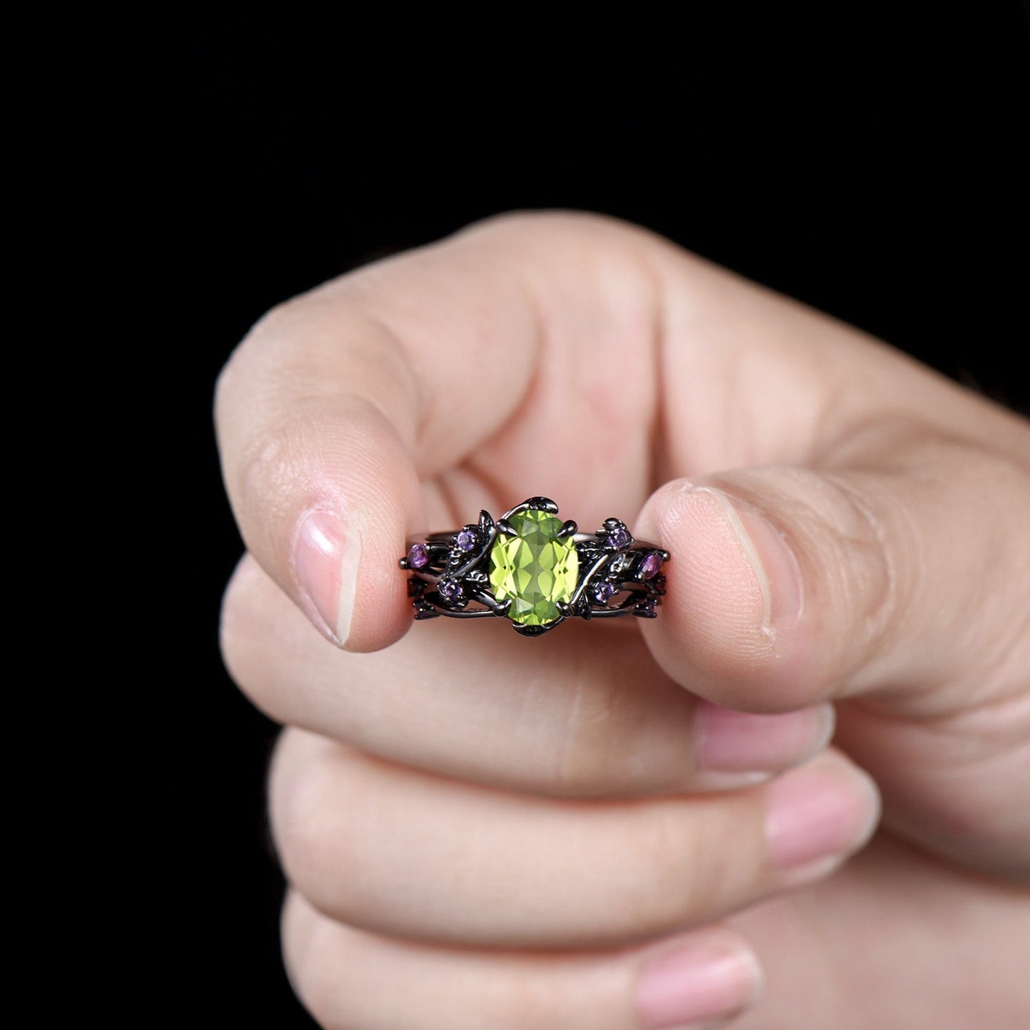 Unique Black Gold Oval Peridot Engagement Ring Set Nature Inspired Twig Amethyst Wedding Band branch August birthstone bridal set