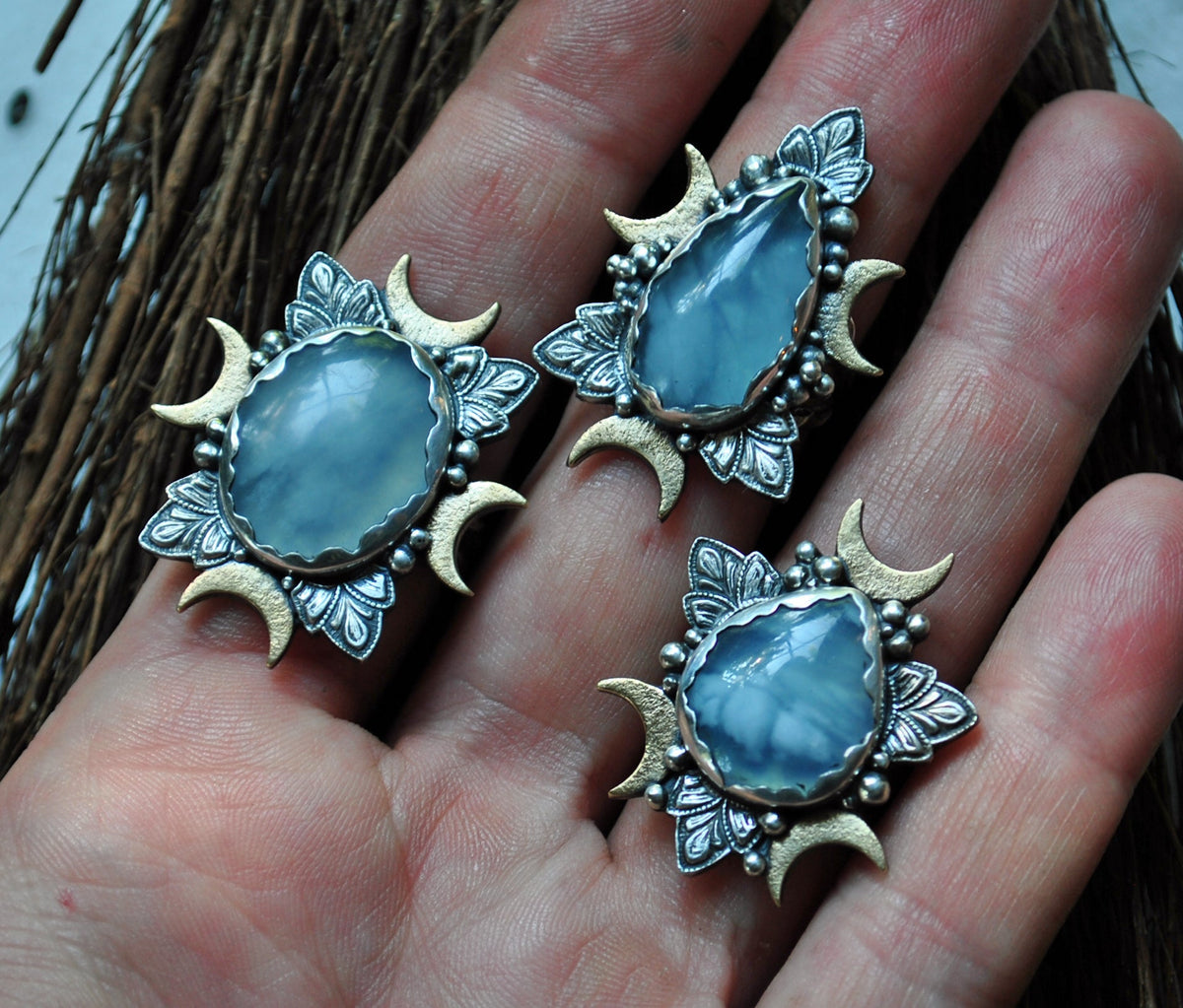 Size 7.5, Cloud Diviner Ring, Aquamarine, Sterling and Fine Silver and Brass