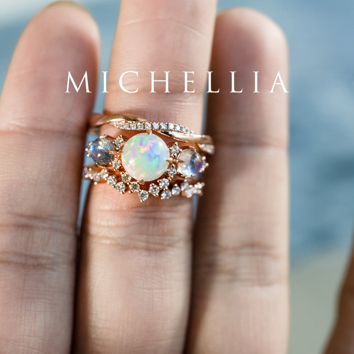 [Celestine] Interstellar Three Stone Ring in Australian Opal, Moonstone, and Labradorite