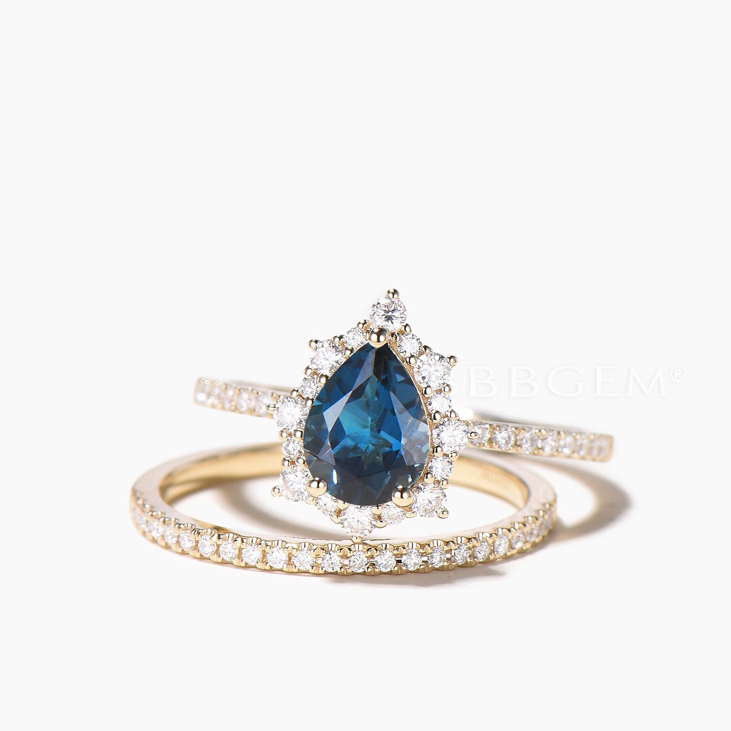 3PCS Pear Cut Natural London Blue Topaz Halo Ring Set Diamond Stacking Band