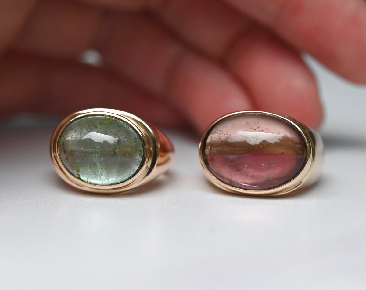 Reserved for Katie - Green Tourmaline 14k Gold Signet Ring - size 7.5
