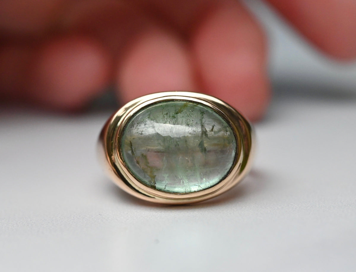 Reserved for Katie - Green Tourmaline 14k Gold Signet Ring - size 7.5
