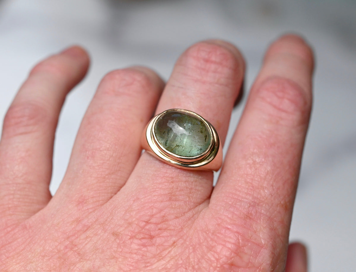 Reserved for Katie - Green Tourmaline 14k Gold Signet Ring - size 7.5