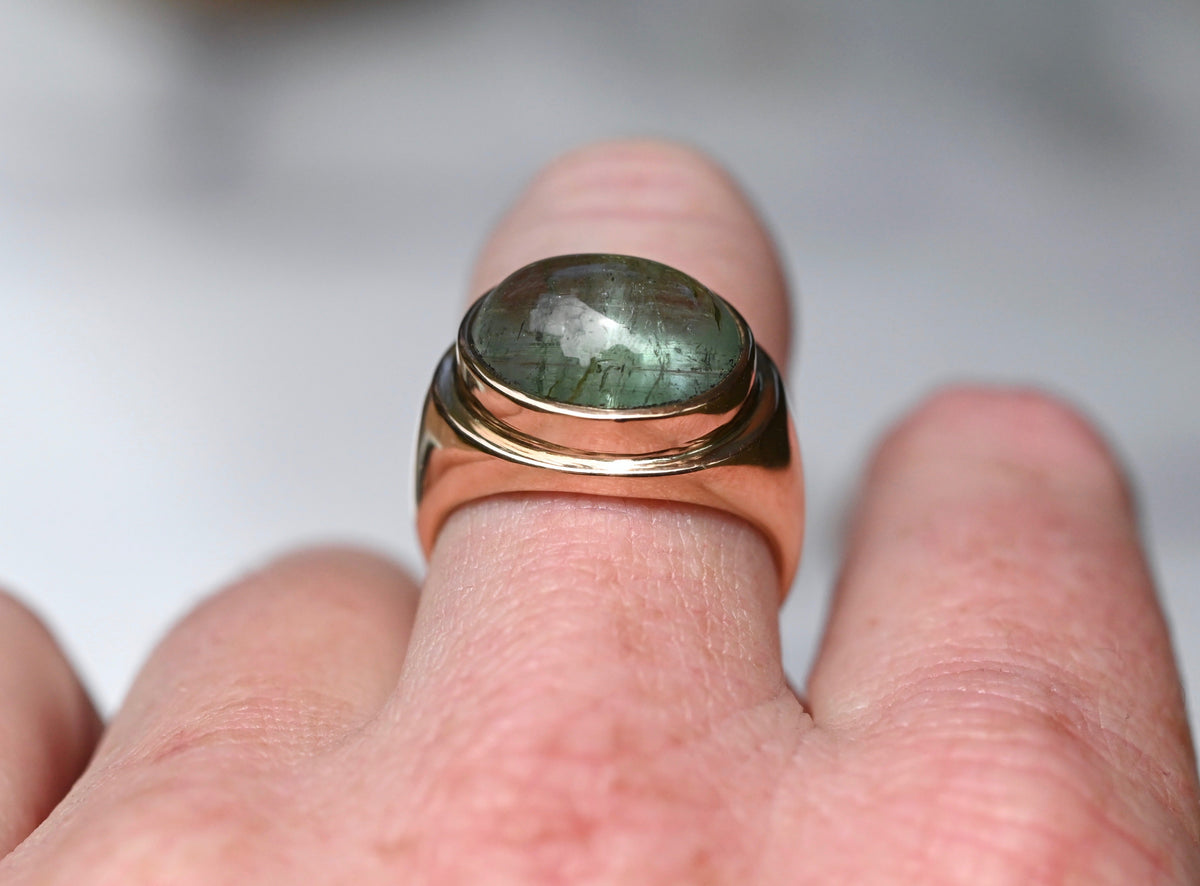 Reserved for Katie - Green Tourmaline 14k Gold Signet Ring - size 7.5