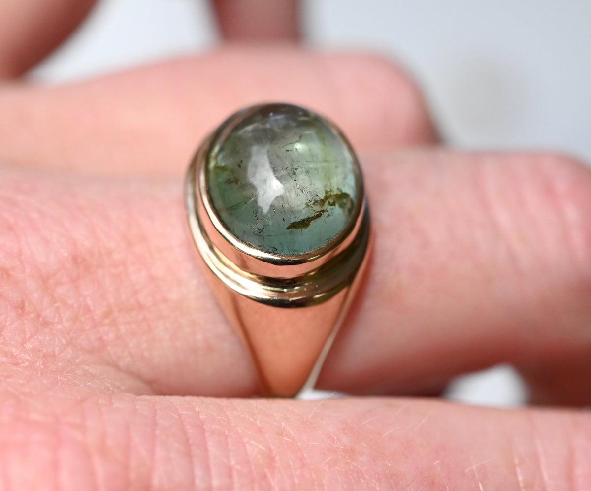 Reserved for Katie - Green Tourmaline 14k Gold Signet Ring - size 7.5