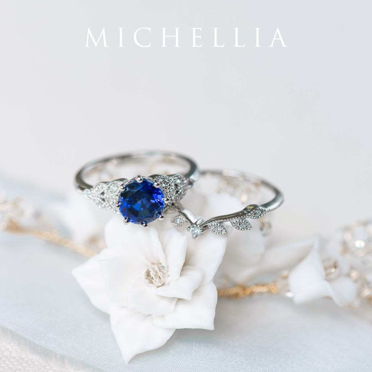 [Kerensa] Classic Floral Engagement Ring in Lab Blue Sapphire