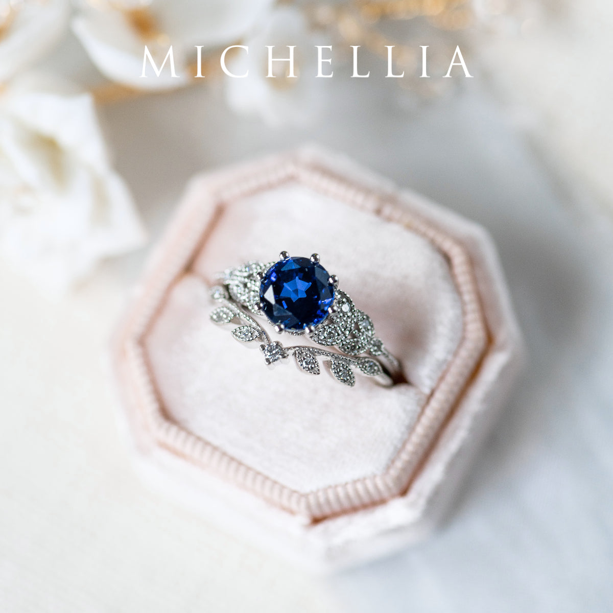 [Kerensa] Classic Floral Engagement Ring in Lab Blue Sapphire