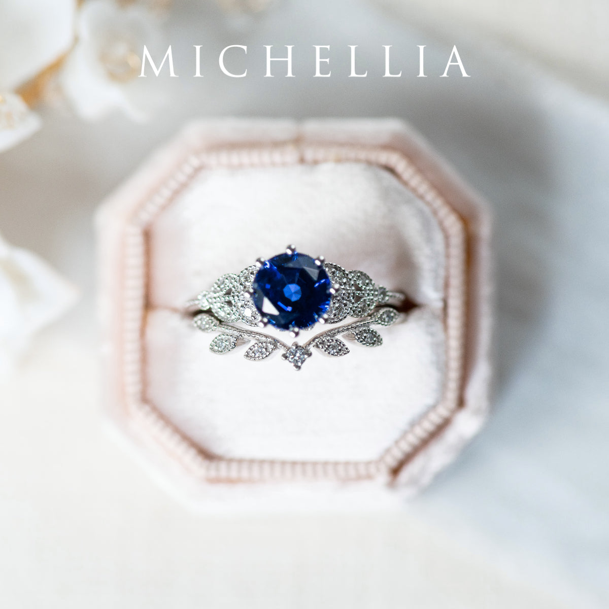 [Kerensa] Classic Floral Engagement Ring in Lab Blue Sapphire