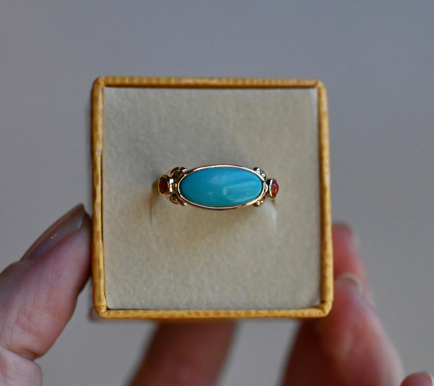 14k Gold Sleeping Beauty Turquoise & Coral Ring - size 6.75 (sizable) - Ready to ship