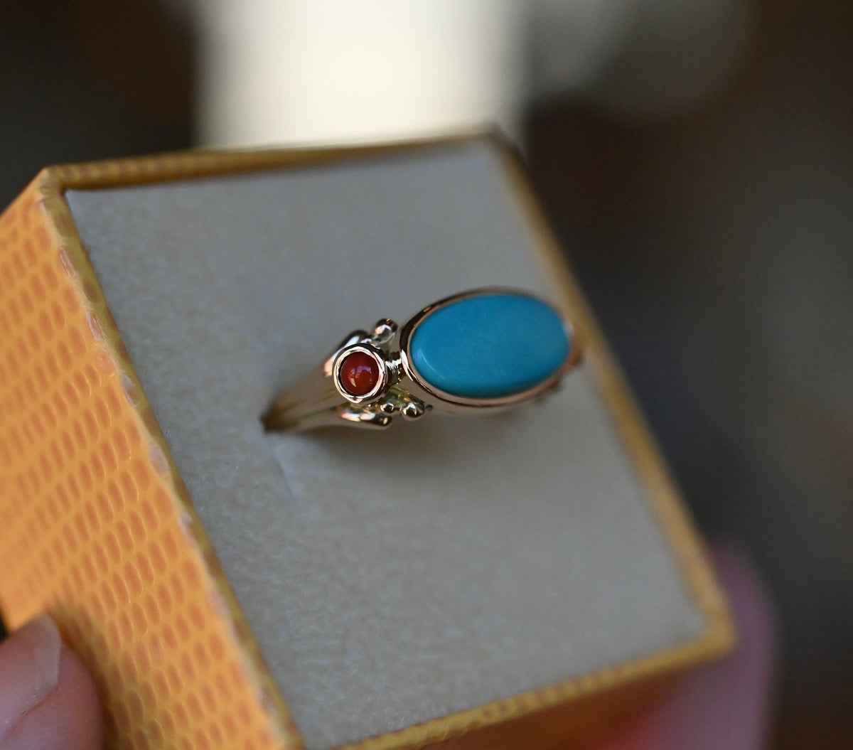 14k Gold Sleeping Beauty Turquoise & Coral Ring - size 6.75 (sizable) - Ready to ship