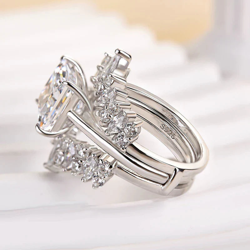 Princess Cut White Gold Plated 925 Sterling Silver Ring Set with Cubic Zirconia Unique Open Design Ring Set